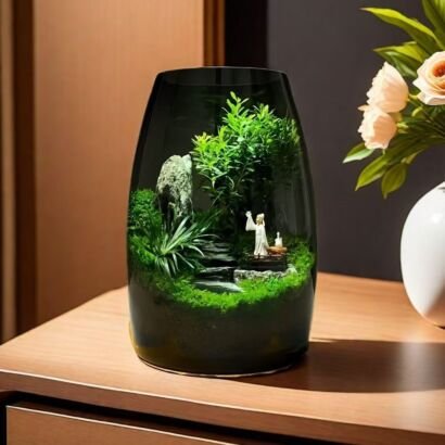 A curved smoky tinted glass terrarium jar on a warm wooden tabletop, featuring a lush green landscape with miniature foliage, moss, a natural rock pillar, and a tiny traditional scholar figurine.