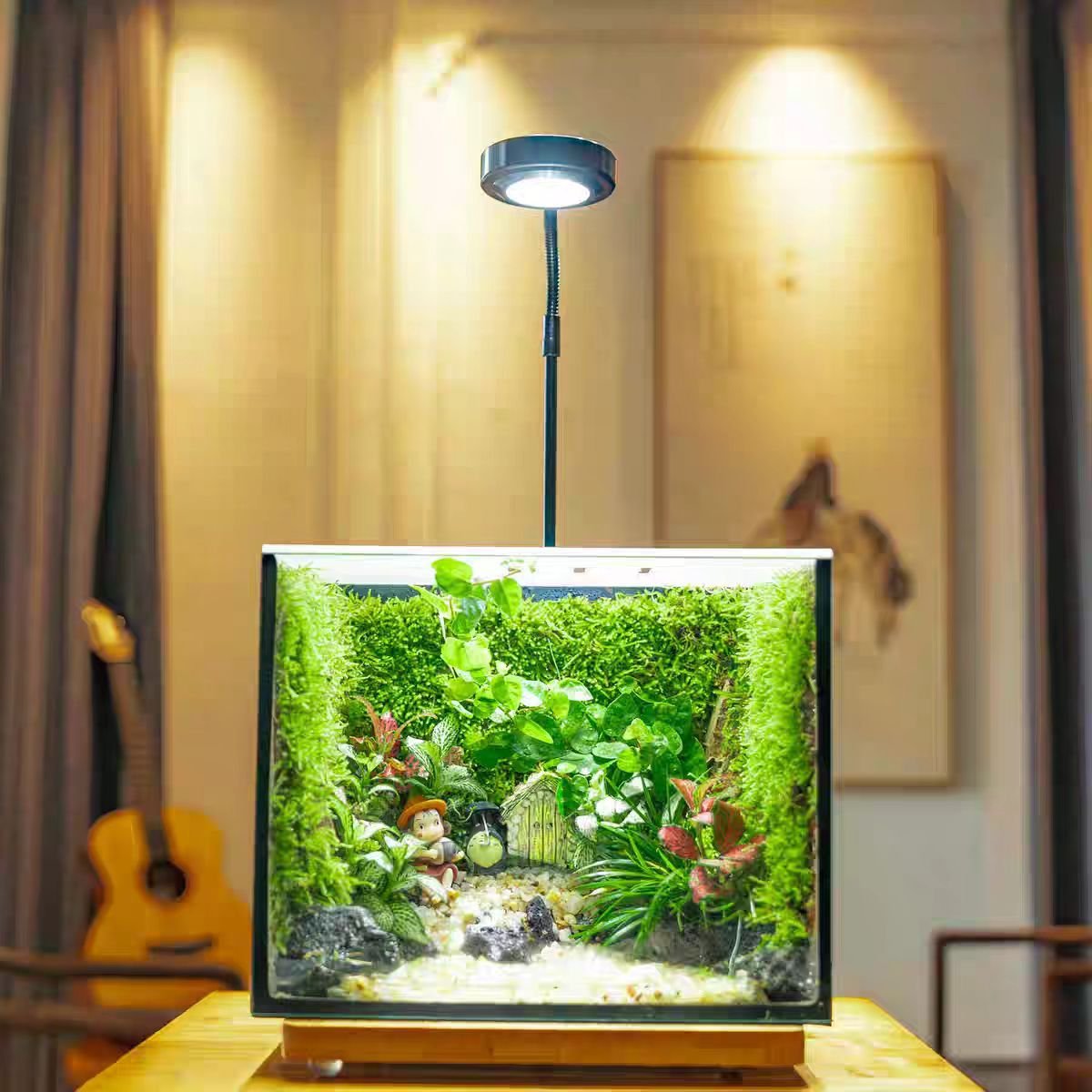 A rectangular glass terrarium tank on a wooden table, featuring a lush miniature forest landscape with vibrant green moss walls, tropical foliage, a tiny cottage figurine, and an adjustable overhead LED grow light, with a guitar in the background.