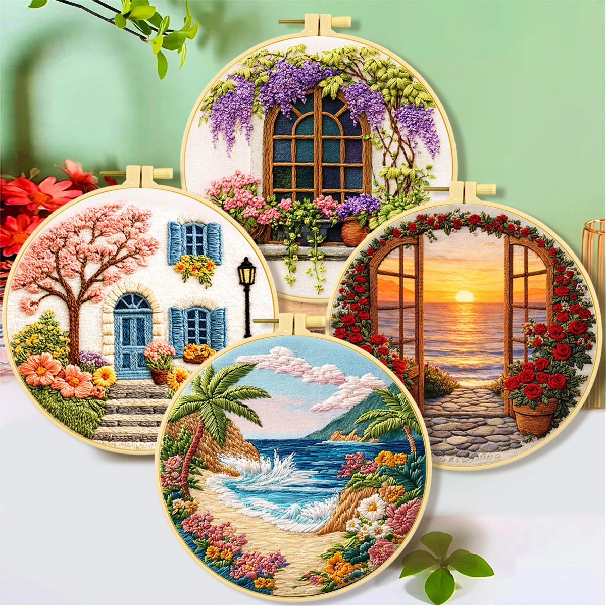 Four round wooden embroidery hoops displaying detailed 3D textured landscape embroidery scenes, including a sunset sea view arch, a cottage window with purple wisteria, a village house with pink cherry blossoms, and a tropical ocean beach with palm trees against a soft background.
