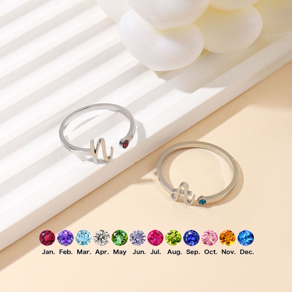 Personalized Cursive Letter Ring with Birthstone - Image 2