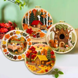 Four round embroidery hoops featuring rich 3D textured autumn embroidery scenes, including a cozy log cabin in an autumn pine forest, a squirrel enjoying a picnic spread surrounded by fall leaves, a cute treehouse home with a squirrel and rabbit, and a golden cottage with pumpkin cart accents against a light green background.
