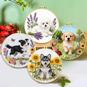Four round embroidery hoops displaying 3D textured embroidered dogs, including a fluffy white Bichon Frise with lavender flowers, a playful Golden Retriever puppy in a flower garden, a running Border Collie with sunflowers and butterflies, and a Siberian Husky sitting among bright sunflowers.