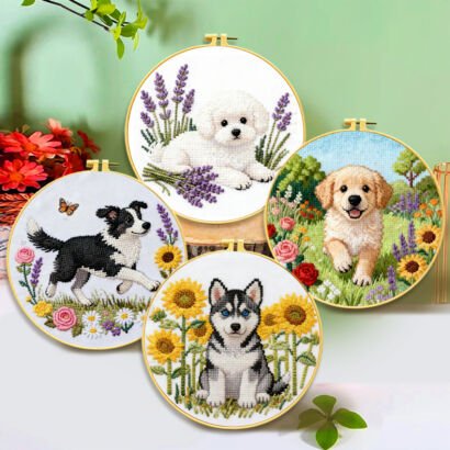 Four round embroidery hoops displaying 3D textured embroidered dogs, including a fluffy white Bichon Frise with lavender flowers, a playful Golden Retriever puppy in a flower garden, a running Border Collie with sunflowers and butterflies, and a Siberian Husky sitting among bright sunflowers.