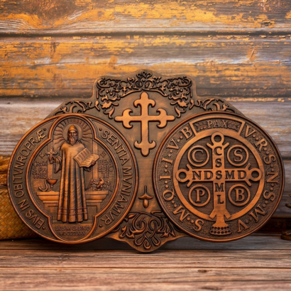 An ornate dark wood carved wall plaque resting on a wooden surface against a rustic wood background, featuring a dual-medion design with Saint Benedict on the left side and the Saint Benedict Medal cross with Latin initials on the right, connected by a decorative center cross.