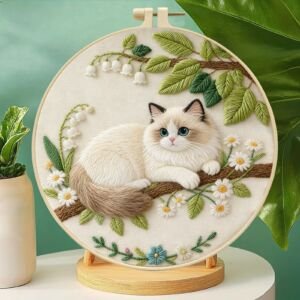 A detailed round embroidery hoop displaying a 3D textured embroidered fluffy Ragdoll cat with blue eyes resting on a wooden branch, surrounded by green leaves, white lily of the valley flowers, and small daisies, displayed on a wooden stand.
