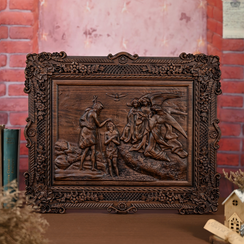 Ornately carved dark wood relief plaque portraying the Baptism of Jesus by John the Baptist with Holy Spirit dove and attending angels in a floral carved frame