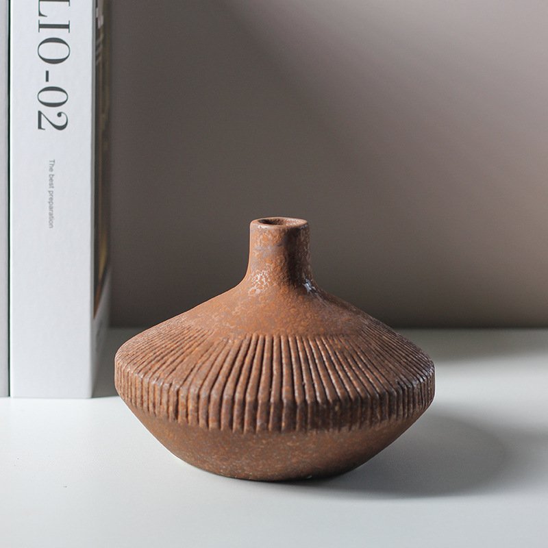 Primitive Fluted Rust Ceramic Bud Vase | Wabi-Sabi Squat Terracotta Stoneware Vessel - Image 2
