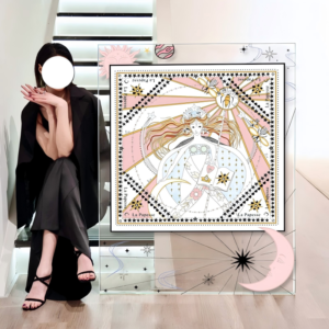 A large clear acrylic art frame resting on a light wood floor next to a modern staircase, showcasing a central square silk scarf artwork featuring a celestial goddess illustration ("La Papesse") framed by sun, crescent moon, and star graphics on the transparent outer border.