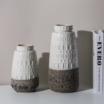 Mid-Century Retro Embossed Two-Tone Ceramic Vase Set