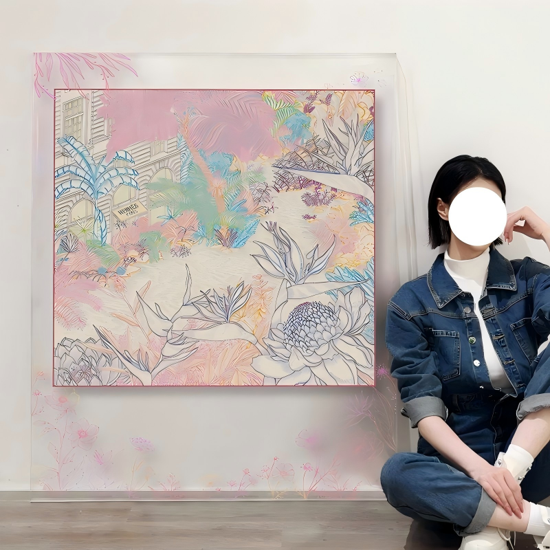 A large transparent acrylic framed artwork displayed next to a person sitting on the floor, featuring a central square silk scarf design of pastel tropical flora and architecture, with soft pink floral branch illustrations extended onto the clear outer border.