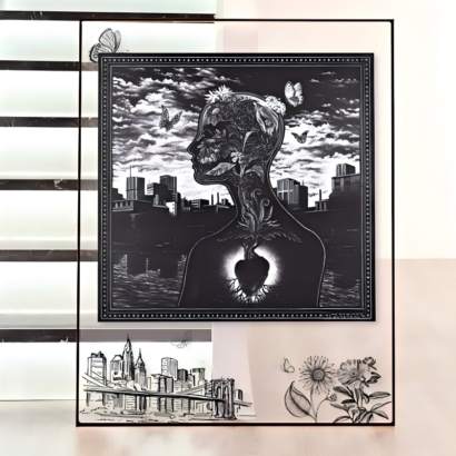A large transparent acrylic art display frame standing on a light floor near a staircase, featuring a central monochrome silk scarf artwork of a surreal human silhouette with growing flowers and a glowing heart against a city skyline, accented with floating city and floral sketches on the outer clear frame border.