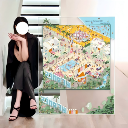 A large transparent acrylic art display standing next to a person sitting on stairs, featuring a framed silk scarf illustration of a vibrant isometric summer beach resort with palm trees, swimming pools, and ocean views.