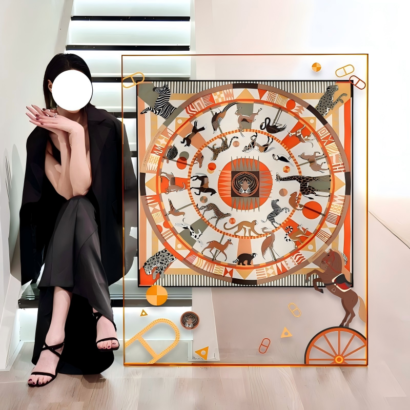 A large transparent acrylic frame resting against a staircase next to a person in black attire, displaying a framed silk scarf with vibrant orange circular motifs and illustrations of wild African animals like leopards, zebras, giraffes, and monkeys.