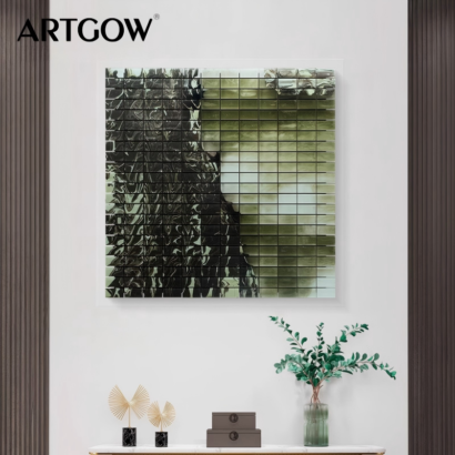 A square modern wall art panel featuring a segmented grid layout with dark marbled patterns on the left and muted olive green translucent tones on the right, displayed above a console table.