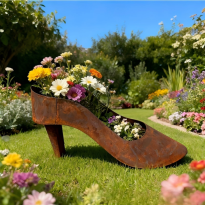 Rusty Metal High Heel Shoe Planter Filled With Wildflowers, Vintage Sculpture Flower Pot for Garden Lawn Decor