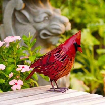 Handcrafted Metal Northern Cardinal Bird Sculpture, Red Slatted Iron Bird Statue Standing on Wooden Deck in Garden