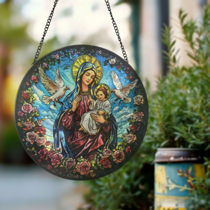 Circular Stained Glass Style Hanging Ornament, Virgin Mary Holding Baby Jesus with Doves and Rose Floral Wreath, Metal Chain Window Suncatcher