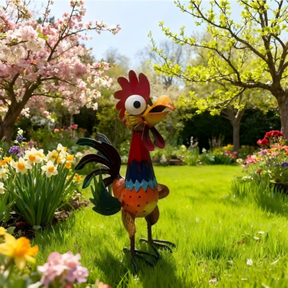 Whimsical hand-painted metal rooster garden statue, colorful cartoon iron chicken ornament standing on green lawn among blooming spring flowers