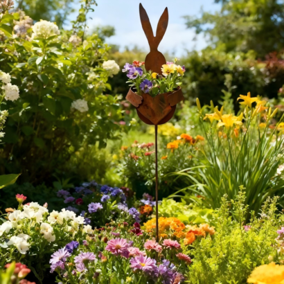 Rust metal rabbit garden stake planter, bunny silhouette flower pot yard decor inserted among colorful flower beds