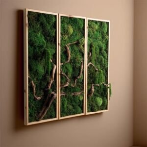 A triptych set of three vertical wooden framed wall art panels hanging on a warm beige wall, featuring lush preserved green moss and authentic gnarled wooden branches spanning across the multi-panel display.
