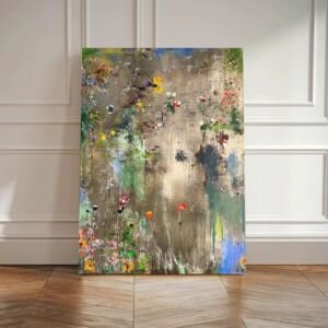 A vertical large unframed canvas artwork resting against a white classic wainscoted wall on herringbone hardwood floor, featuring a textured abstract metallic background layered with vibrant impressionist wildflowers and impasto paint strokes.