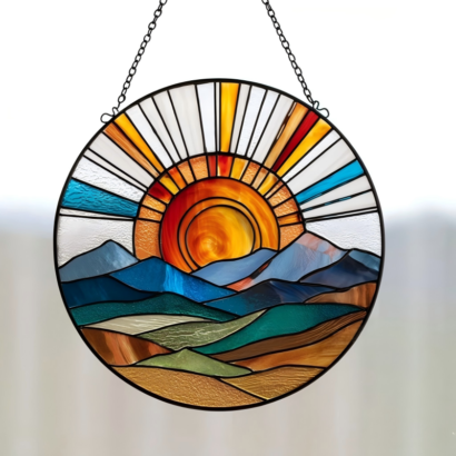 Round sunrise mountain stained glass suncatcher, landscape window hanging ornament suspended by metal chains