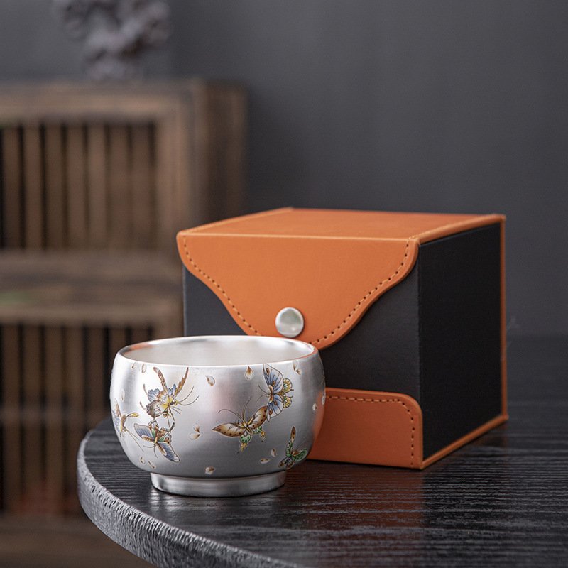 Imperial Silver-Glazed Butterfly Ceramic Tasting Cup - Image 3
