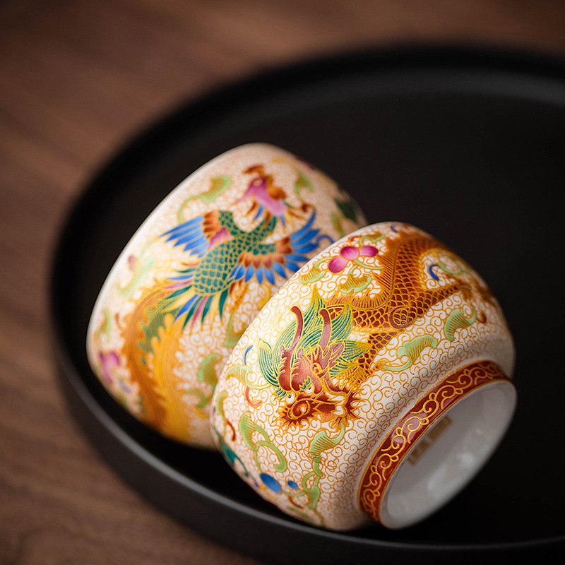 Imperial Dragon & Phoenix Sterling Silver-Lined Enamel Tea Cup Set – Luxury Kung Fu Master Tasting Bowls - Image 3