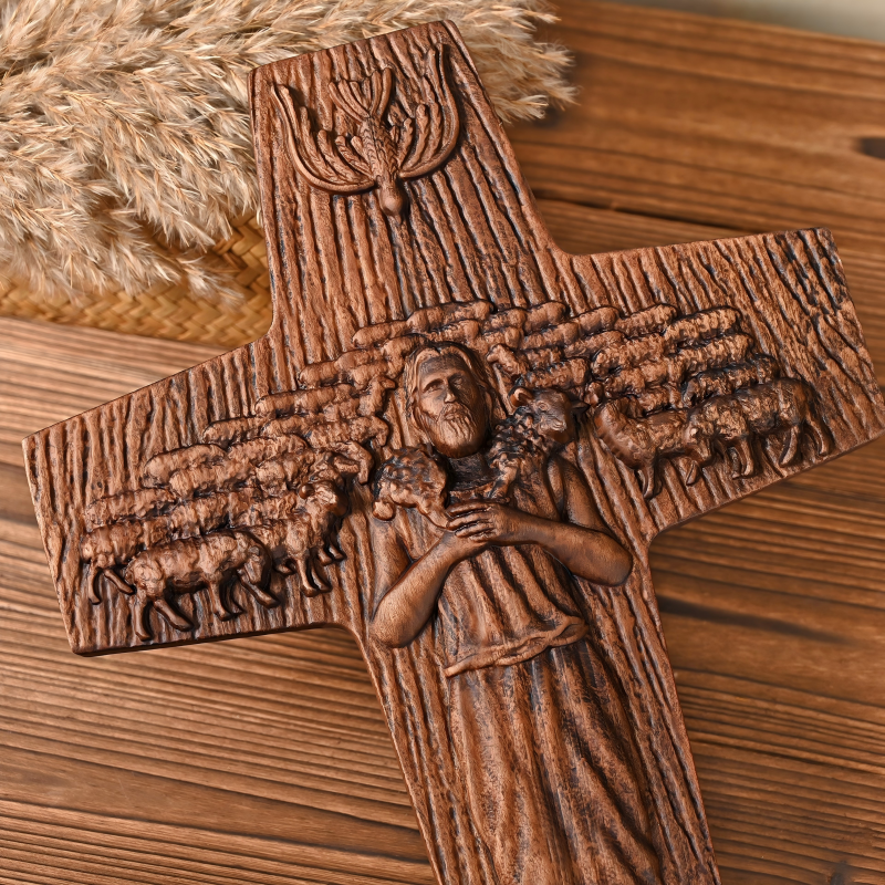Good Shepherd Jesus Faux Wood Carved Cross Christian Altar Religious Decor Gift - Image 2