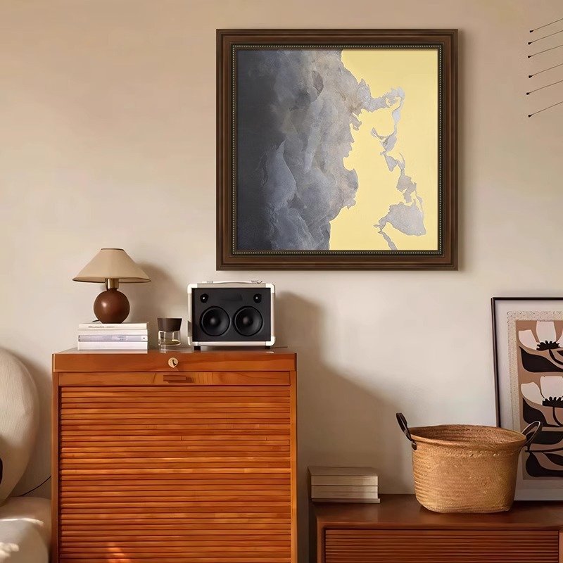 100% Hand-Painted Liquid Gold Ink Mixed Media Abstract Canvas Wall Art Walnut Framed - Image 2