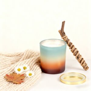 Gradient Frosted Glass Scented Candle Jar with Golden Lid, Sunset Tone Cylinder Aroma Candle Vessel