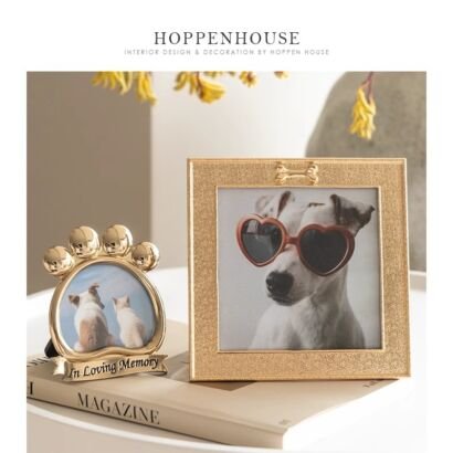 Gold pet photo frames set, paw-shaped memorial frame with "In Loving Memory" engraving and square bone detail picture frame for dog cat portraits
