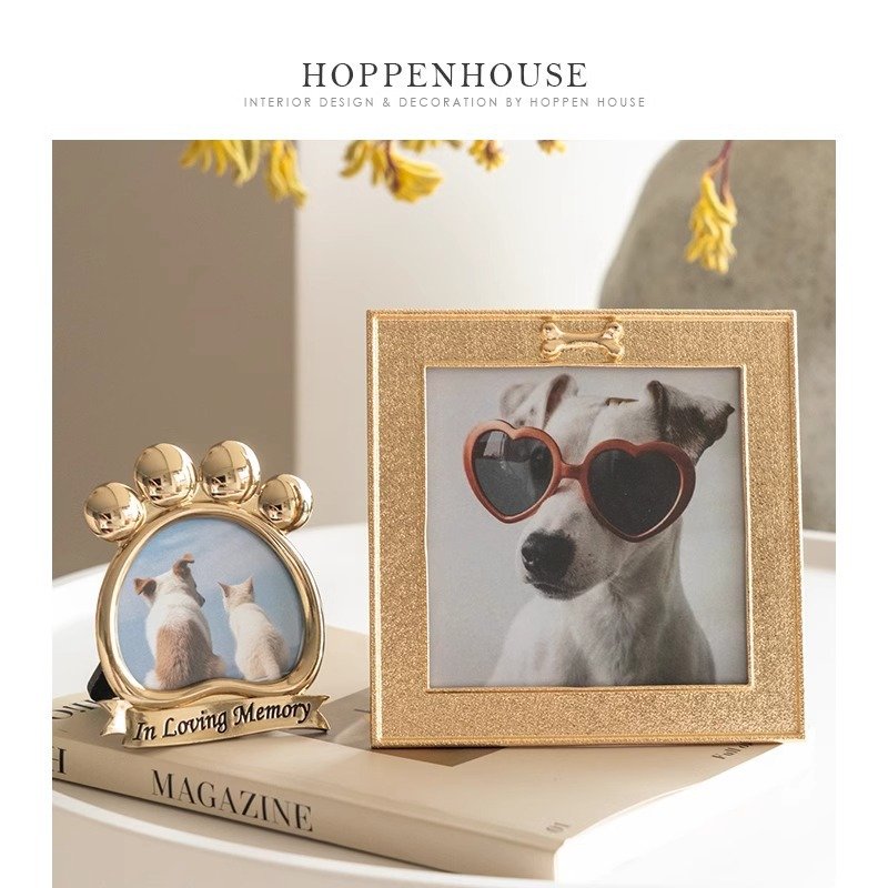 Gold pet photo frames set, paw-shaped memorial frame with "In Loving Memory" engraving and square bone detail picture frame for dog cat portraits