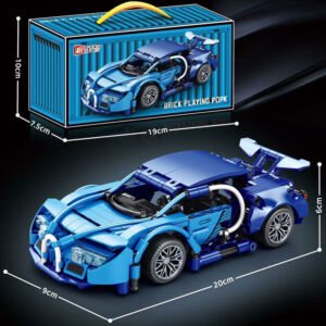 Blue Bugatti hypercar building block sports car model, container-style gift packaging box, assembled brick racing car with dimensions marked