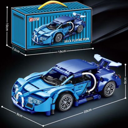 Blue Bugatti hypercar building block sports car model, container-style gift packaging box, assembled brick racing car with dimensions marked
