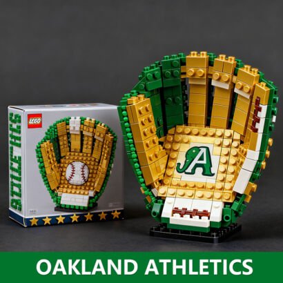 Custom LEGO Oakland Athletics baseball glove building set, green and gold brick glove with A logo, display model alongside retail packaging box
