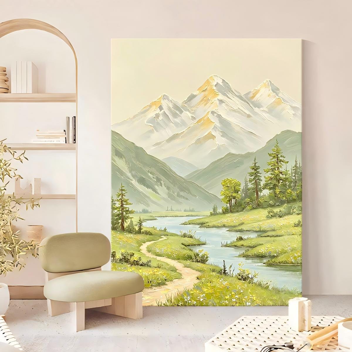 "High Mountains and Flowing Water" Wall Art – Cream-Style Hand-Painted Oil Painting with Gold Mountain Texture; Direct-from-Factory Art for Living Rooms, Entryways, and Hallways. - Image 3