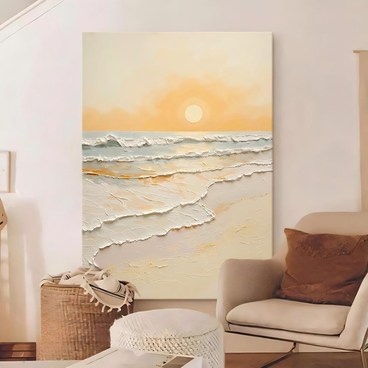 "Cream-style" 3D textured oil painting featuring abstract waves and a sunrise; a hand-painted artwork suitable for living rooms or entryways, available directly from the manufacturer. - Image 3