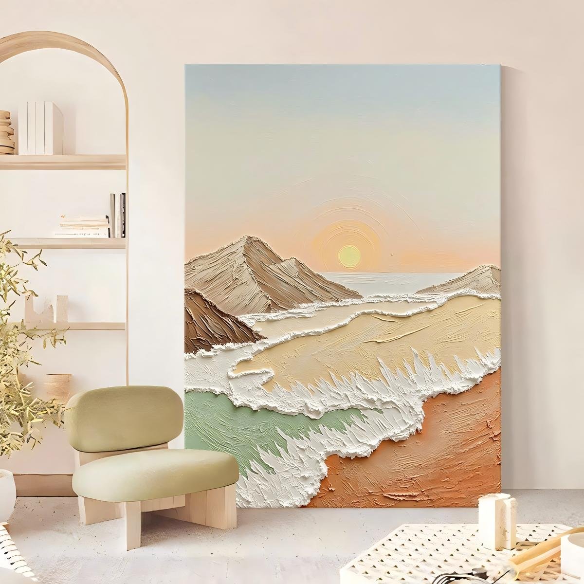 Seaside Sunrise Living Room Wall Art – Cream-Style Abstract Textured Oil Painting (Hand-Painted) – Factory-Direct Landscape Wall Decor - Image 3