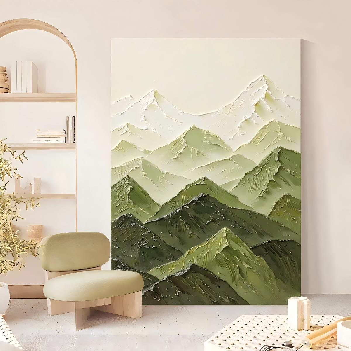"Cream-style" 3D abstract living room art featuring green mountain peaks; direct-from-factory textured hand-painted oil painting suitable for entryways. - Image 3