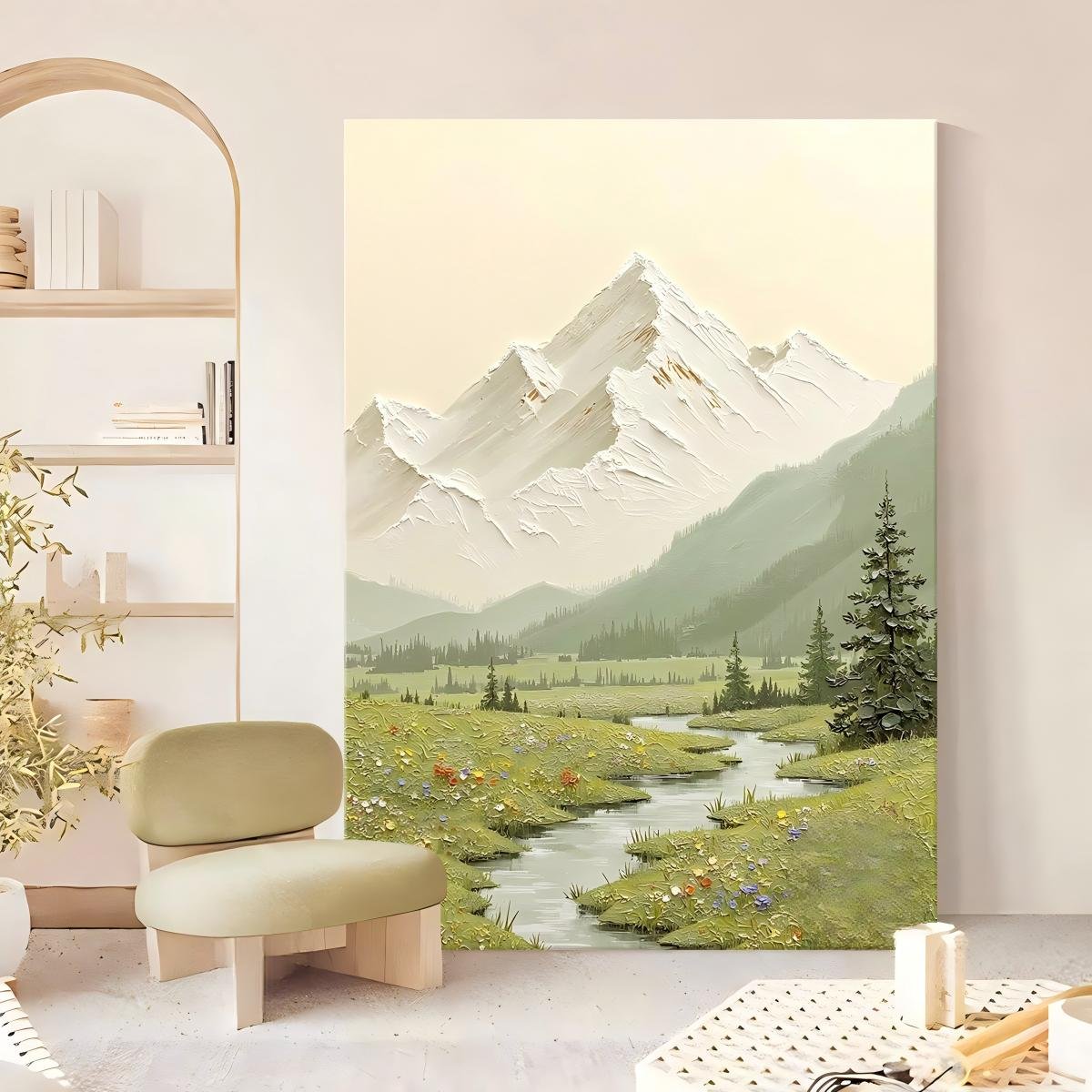"Golden Mountain at Sunrise" hand-painted oil painting with textured finish; direct-from-factory; "Cream-style" decor suitable for entryways, living rooms, and hallways. - Image 3