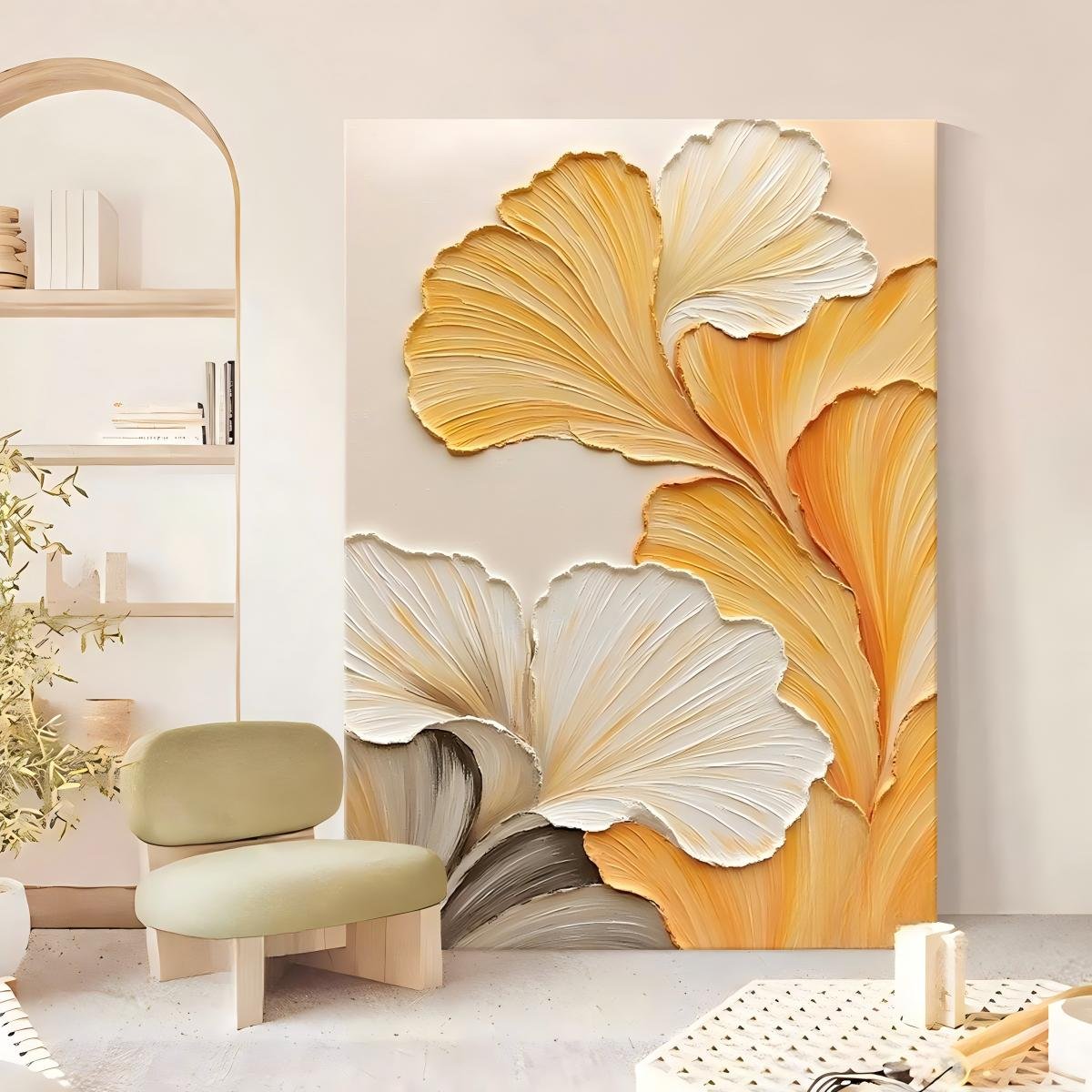 100% Handmade Heavy Palette Knife 3D Embossed Warm Golden Ginkgo Leaf Oil Painting, Vertical Luxury Warm Yellow Gradient Ginkgo Wall Decor For Entryway & Living Room Symbolizing Wealth - Image 3