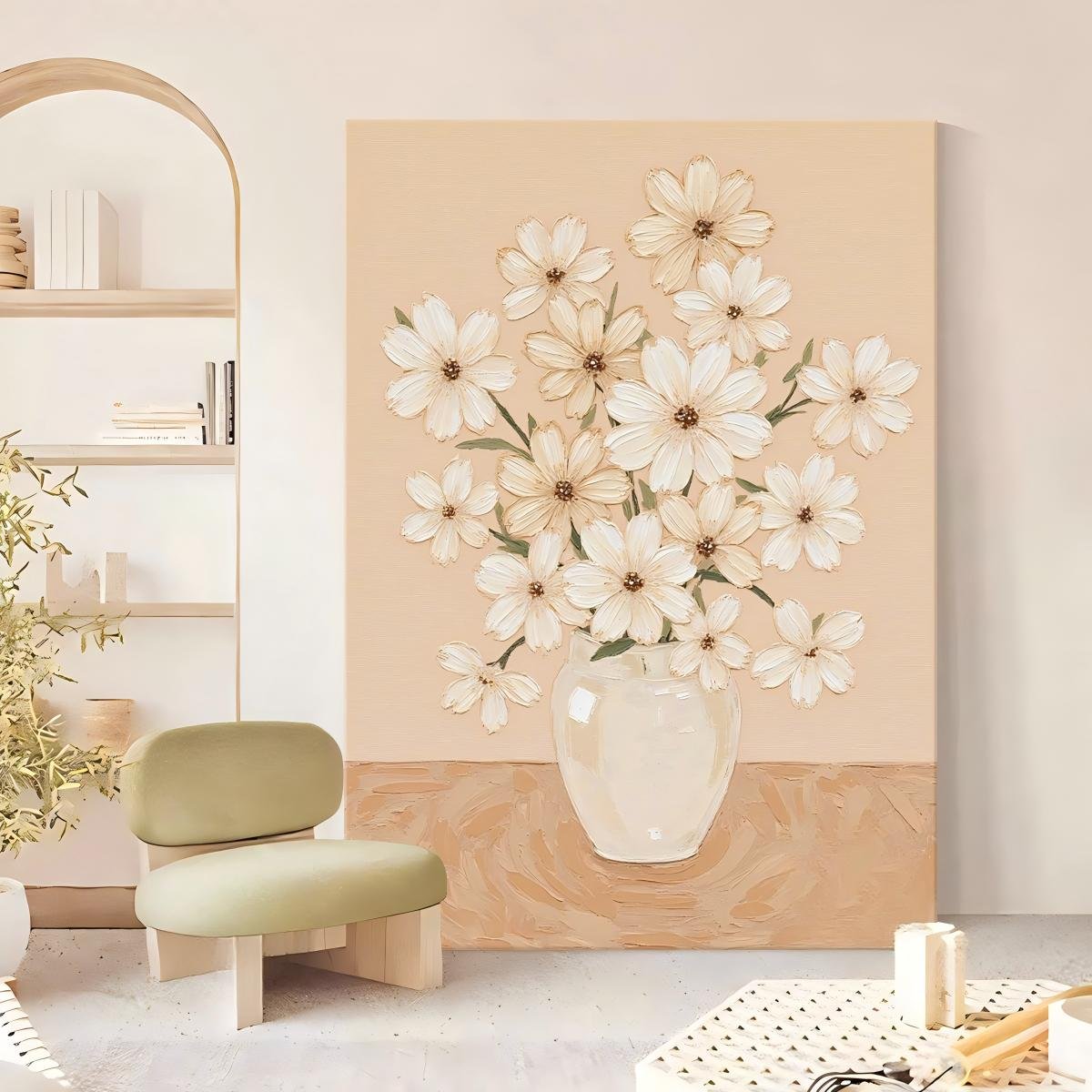 100% Handmade Heavy Palette Knife 3D Embossed Cream White Daisy Vase Floral Oil Painting, Vertical Elegant White Flower Healing Wall Decor For Bedroom Entryway With Warm Apricot Background - Image 3