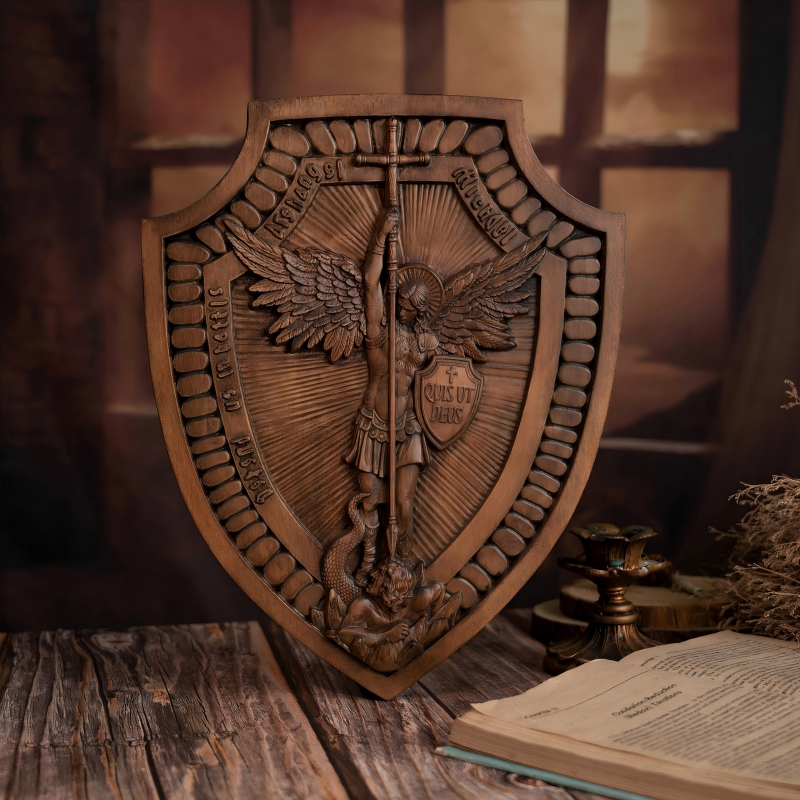 Archangel Michael Dragon Slaying Wooden Shield Plaque Christian Home Office Wall Decor - Image 2