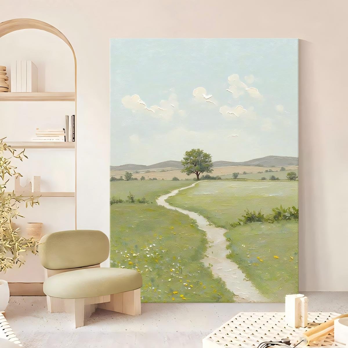 100% Handmade Heavy Palette Knife 3D Texture Lone Tree Country Path Wilderness Oil Painting, Vertical Healing Wall Decor With Pale Blue Sky Wildflower Meadow For Entryway & Living Room - Image 3