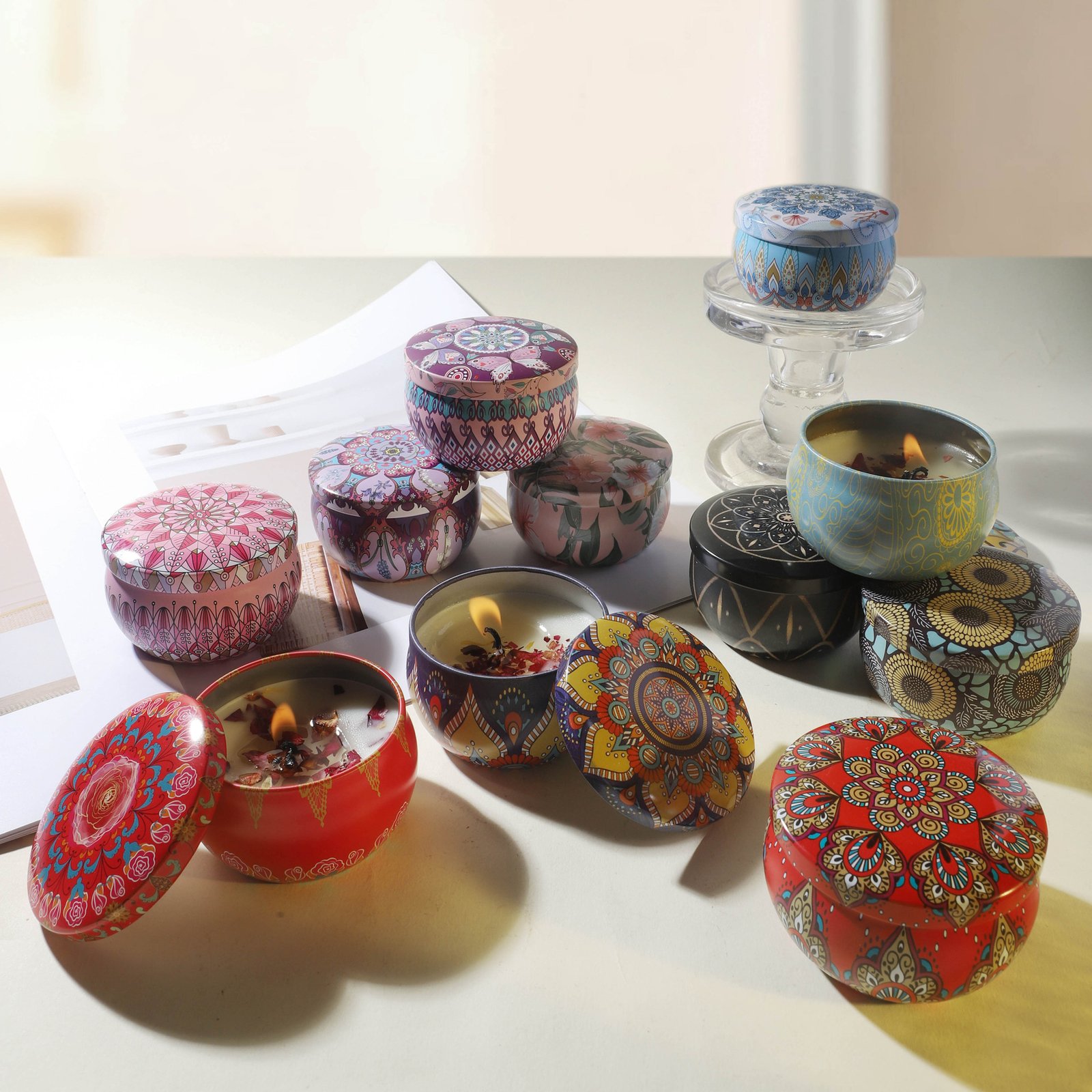 Boho Mandala Printed Tin Scented Candle, Natural Soy Wax Dried Flower Aroma, Portable Travel Tin Sleep Aid Candle Souvenir & DIY Scented Supply - Image 3