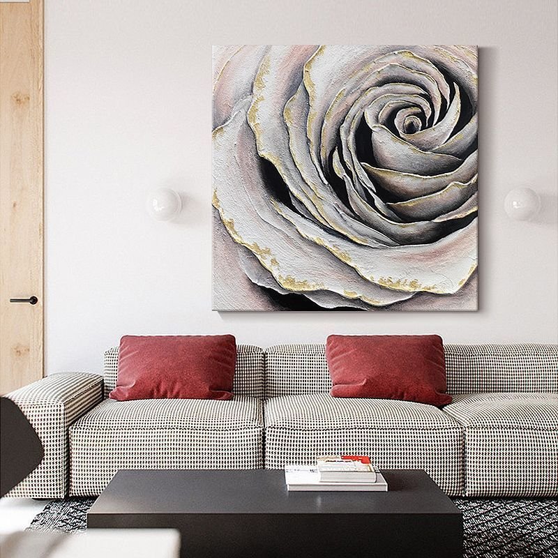 Golden Edge Blossom: 100% Hand-Painted Macro Rose Textured Canvas Wall Art - Image 2