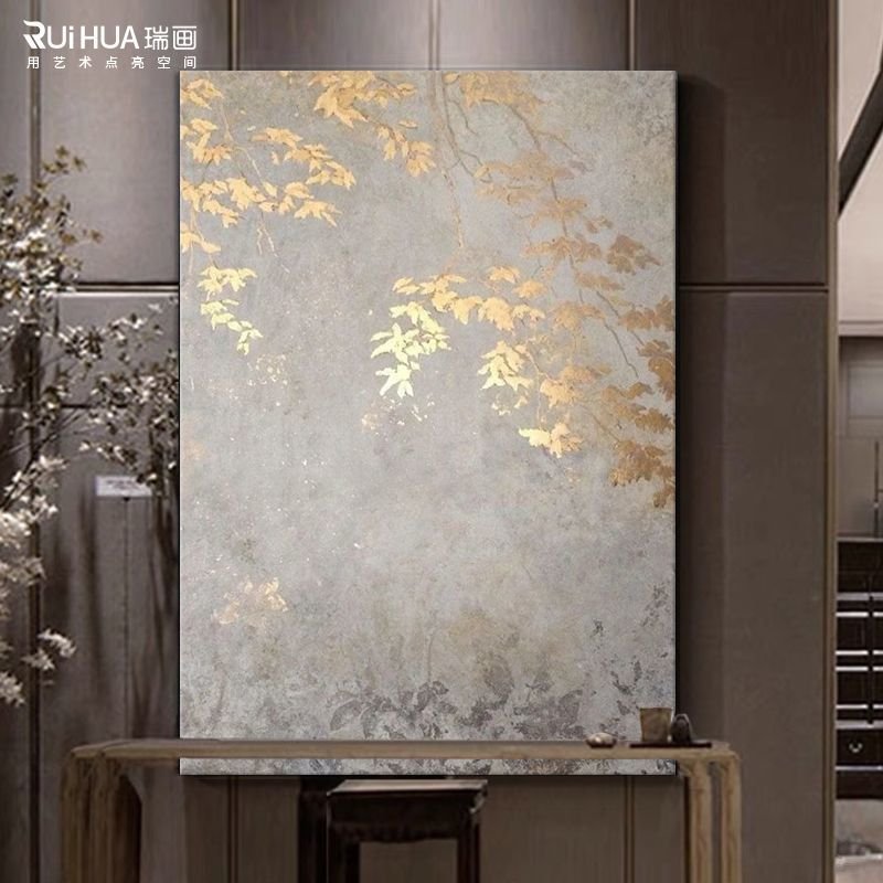 Whispering Canopy: Hand-Painted Gold Leaf Autumn Branch Abstract Canvas Wall Art - Image 2