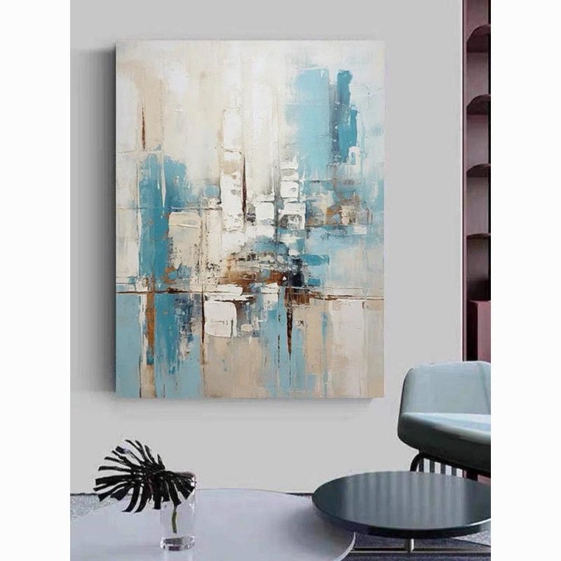 Azure Essence: 100% Hand-Painted Urban Abstract Heavy Impasto Canvas Art - Image 2