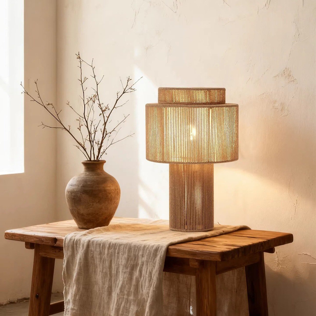 Japanese-style vintage hemp rope table lamp; Wabi-sabi/mid-century modern aesthetic; creative ambient lighting for homestays, hotels, living rooms, and bedside tables. - Image 3